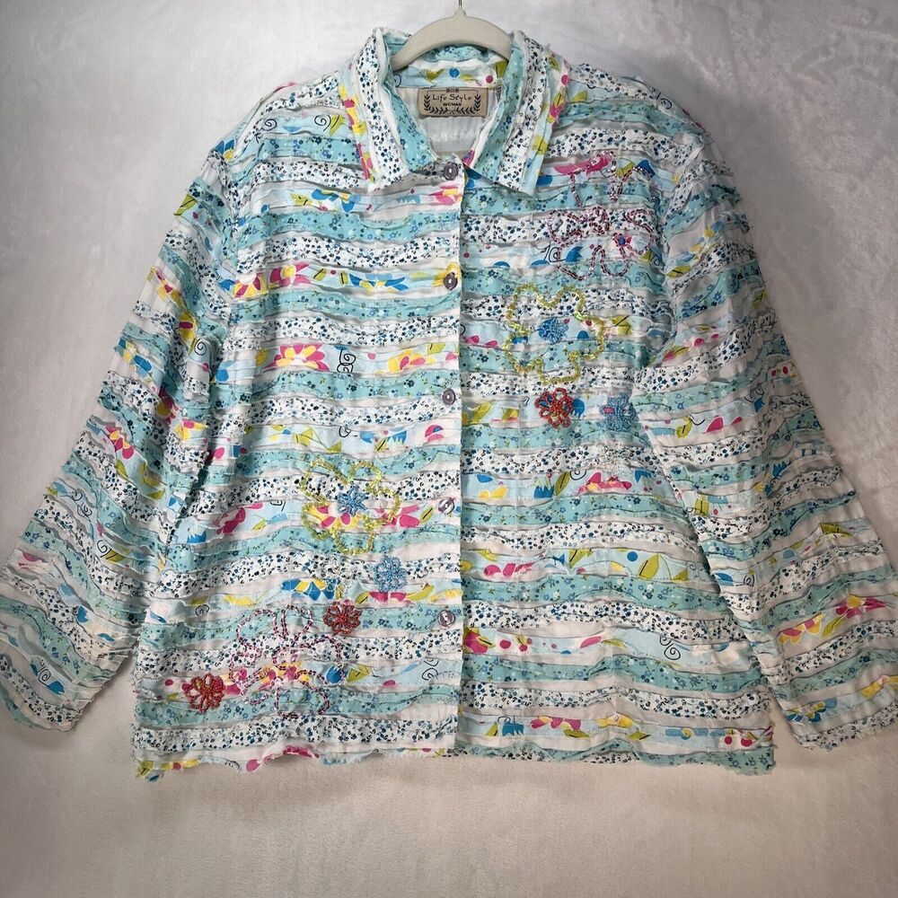 Life Style Woman Jacket Plus‎ Size 1X Beaded RIBBON Artsy Buttons Art To Wear